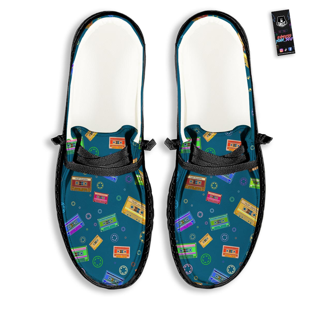 Cassette Tape Retro Print Pattern Black Loafers-grizzshop