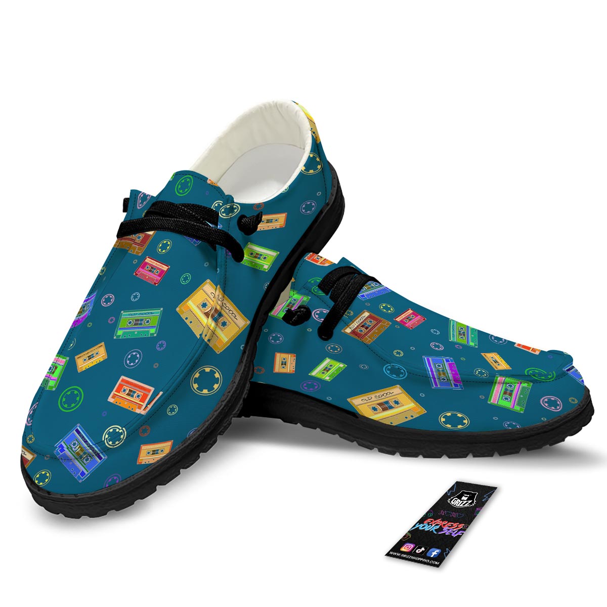 Cassette Tape Retro Print Pattern Black Loafers-grizzshop