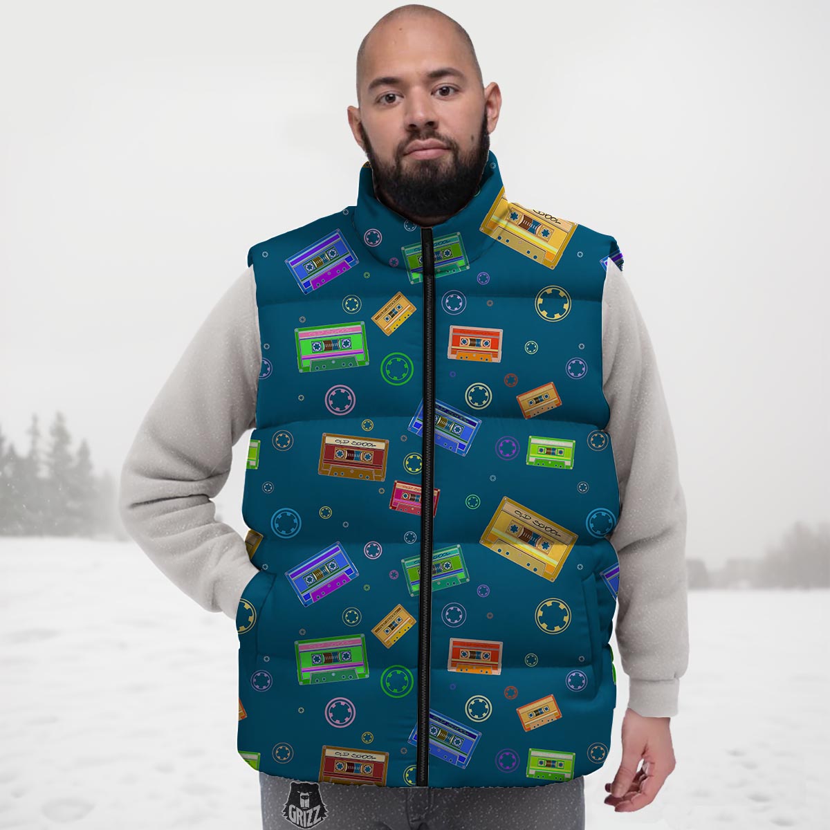 Cassette Tape Retro Print Pattern Down Vest