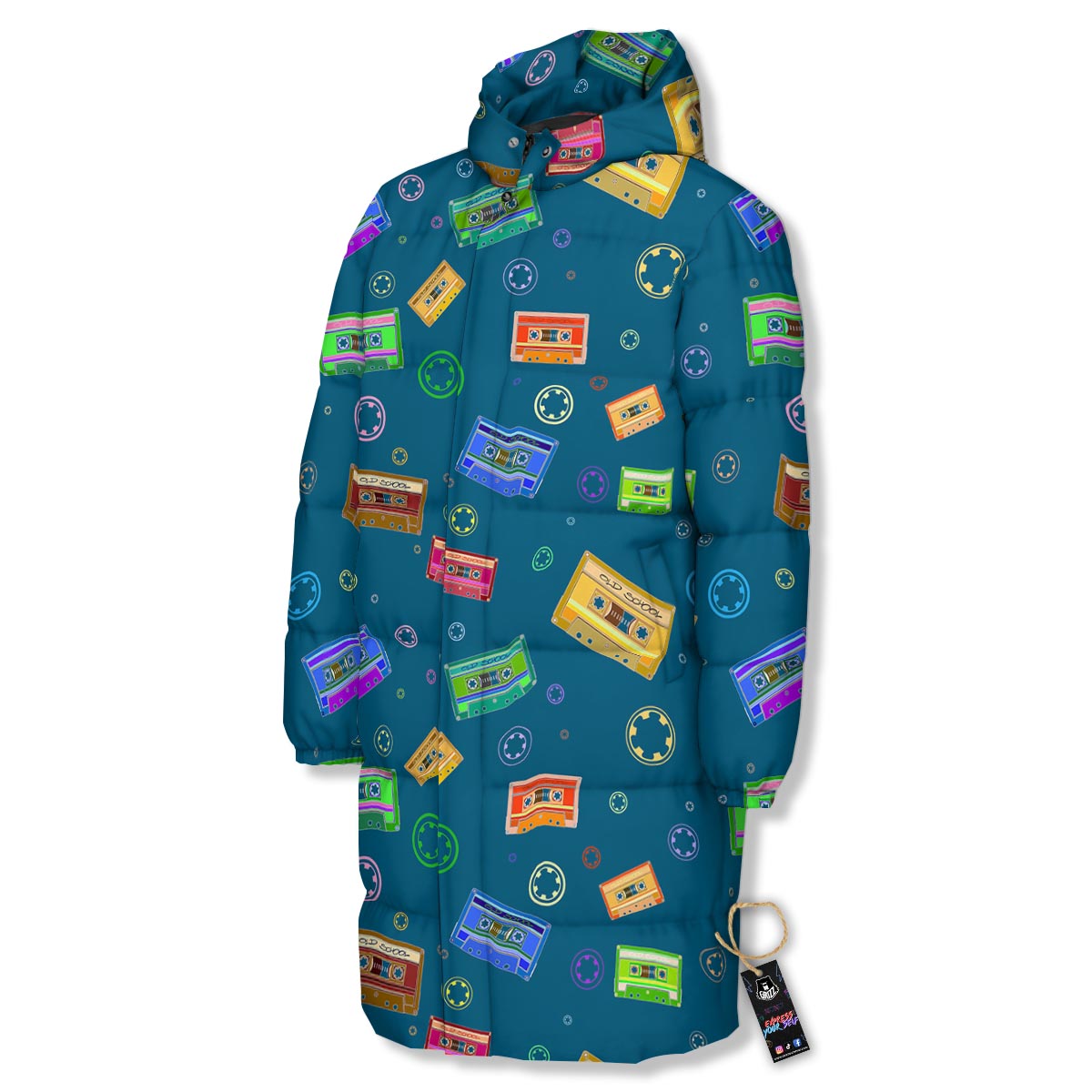 Cassette Tape Retro Print Pattern Long Down Jacket-grizzshop