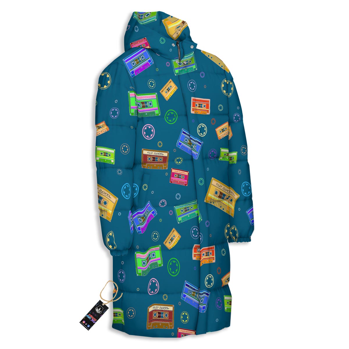 Cassette Tape Retro Print Pattern Long Down Jacket-grizzshop