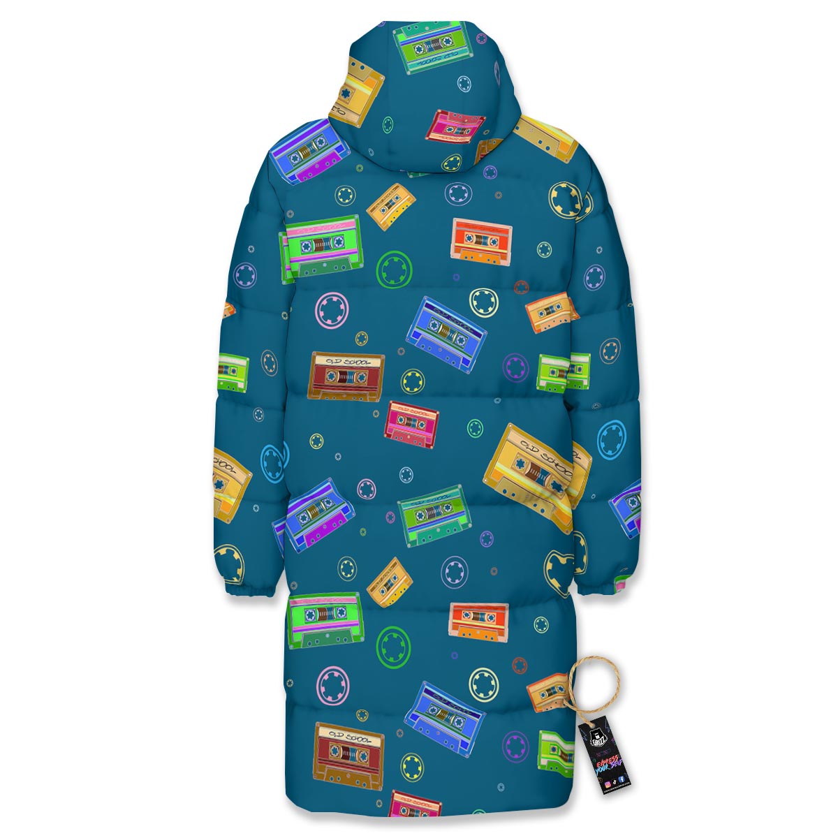 Cassette Tape Retro Print Pattern Long Down Jacket-grizzshop