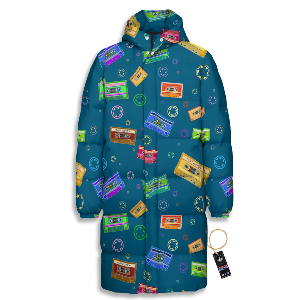 Cassette Tape Retro Print Pattern Long Down Jacket-grizzshop