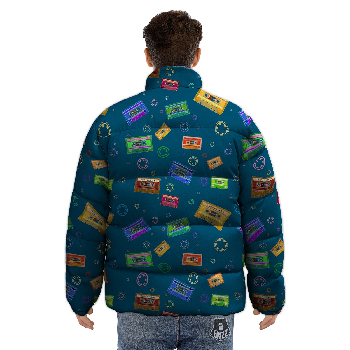 Cassette Tape Retro Print Pattern Puffer Jacket-grizzshop