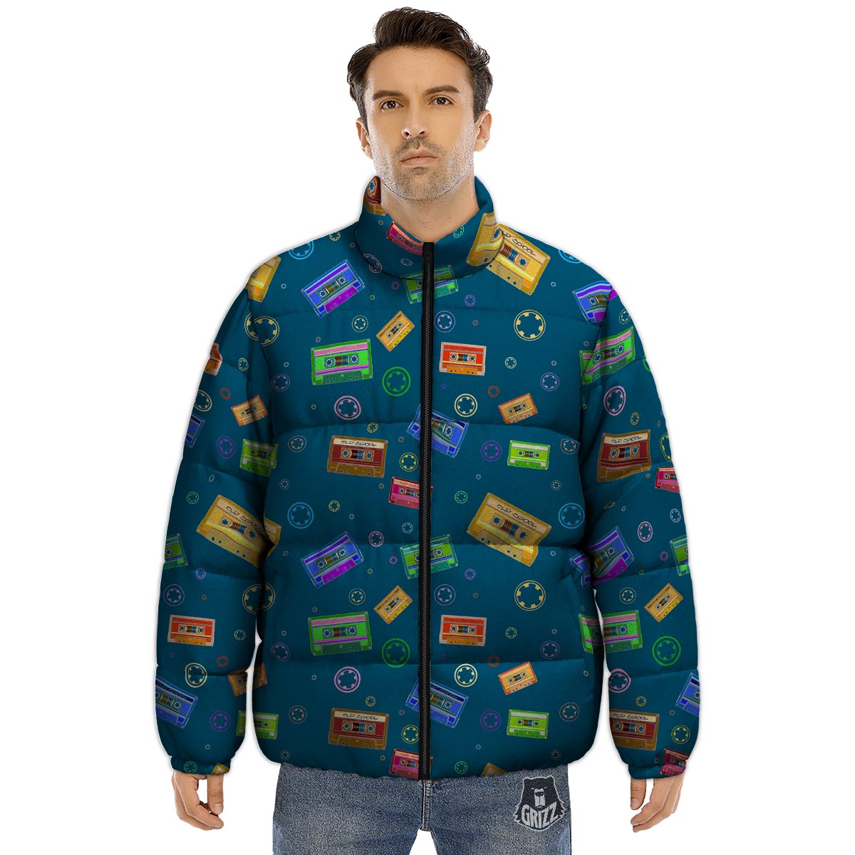 Cassette Tape Retro Print Pattern Puffer Jacket-grizzshop