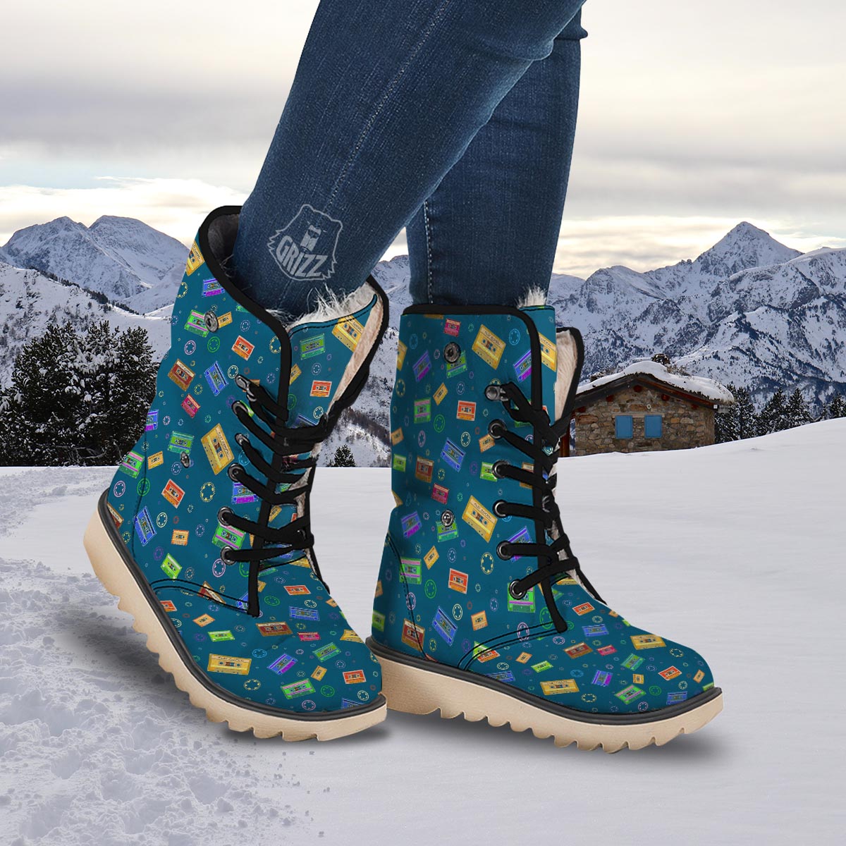 Cassette Tape Retro Print Pattern Snow Boots-grizzshop