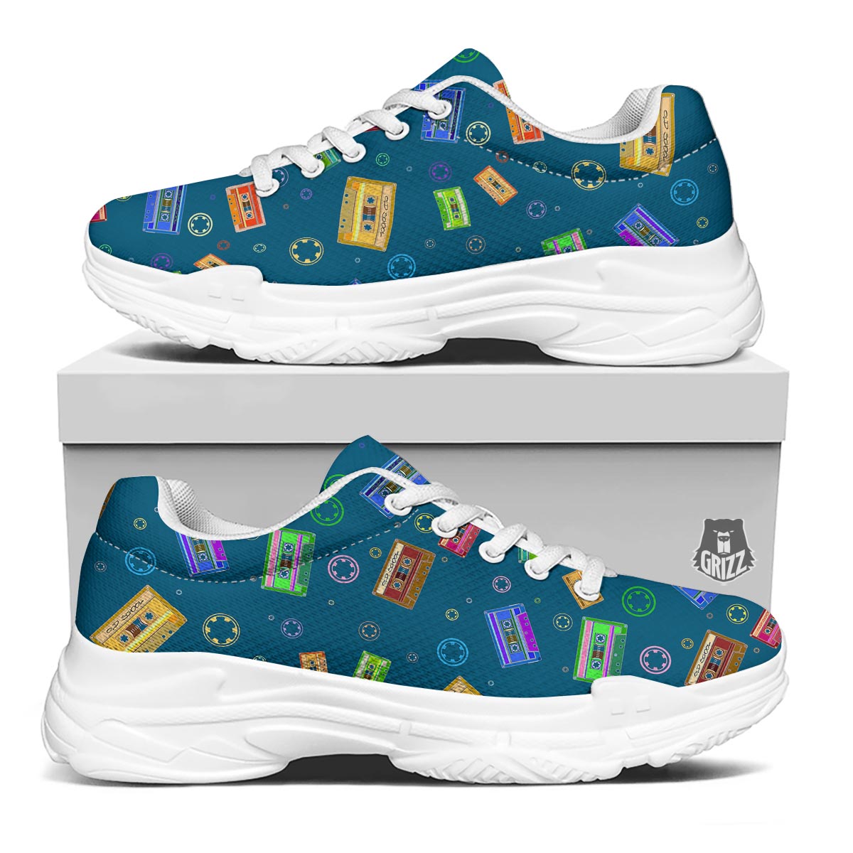 Cassette Tape Retro Print Pattern White Chunky Shoes-grizzshop