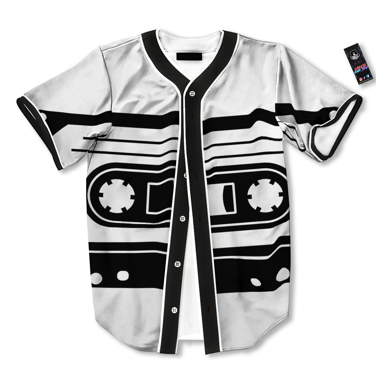 Cassette Tape White And Black Print Baseball Jersey-grizzshop