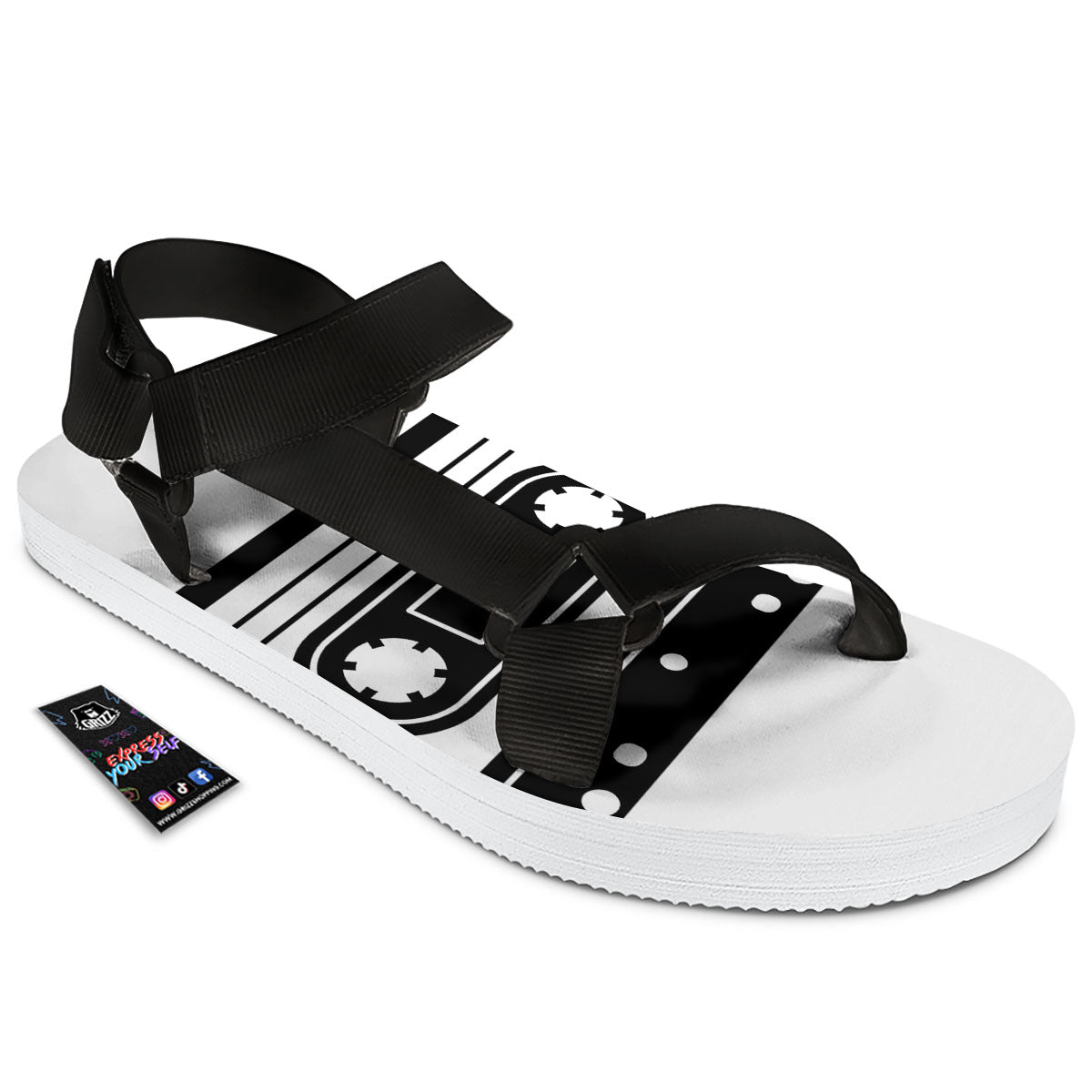 Cassette Tape White And Black Print Black Open Toe Sandals-grizzshop