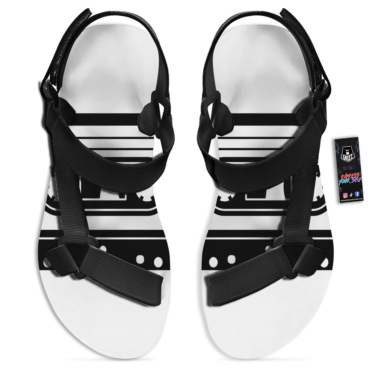 Cassette Tape White And Black Print Black Open Toe Sandals-grizzshop