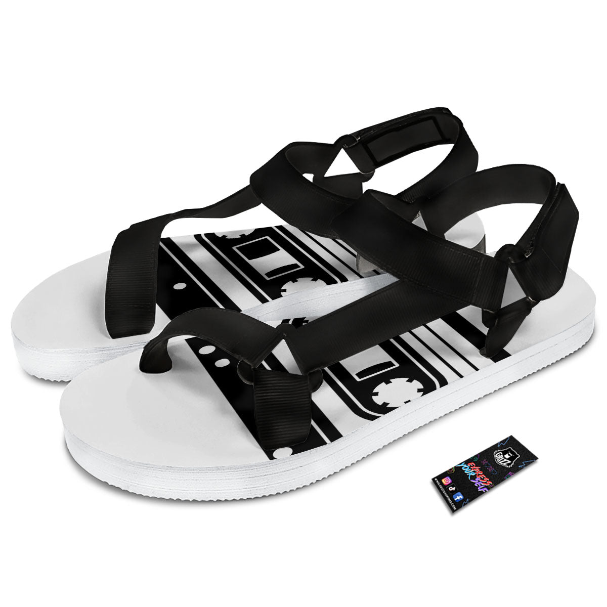Cassette Tape White And Black Print Black Open Toe Sandals-grizzshop
