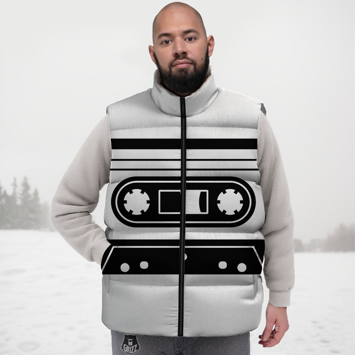 Cassette Tape White And Black Print Down Vest