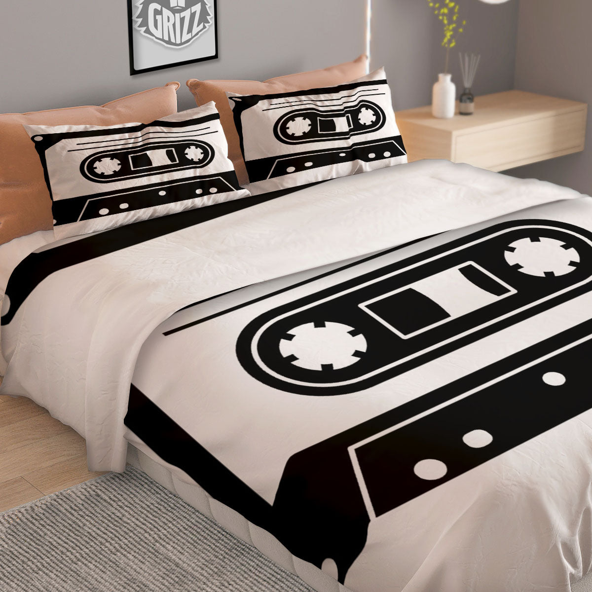 Cassette Tape White And Black Print Duvet Cover Bedding Set