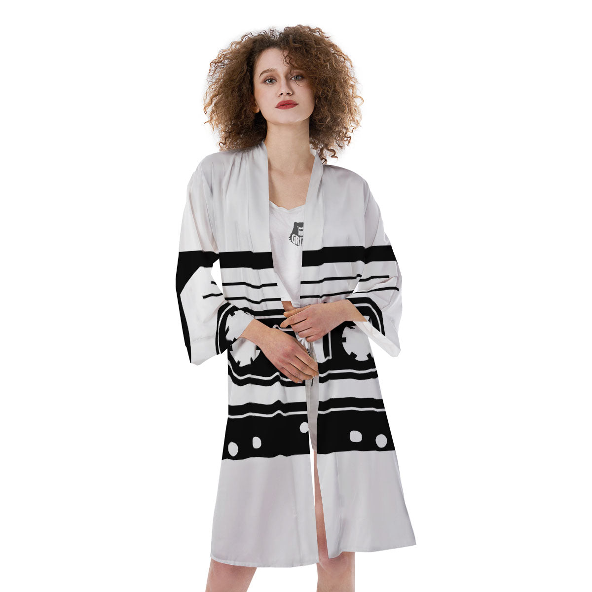 Cassette Tape White And Black Print Kimono-grizzshop