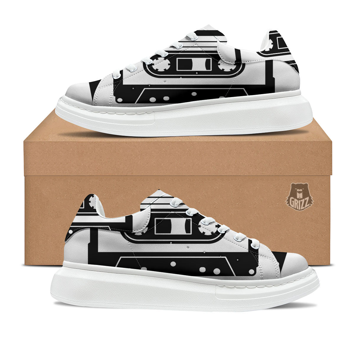 Cassette Tape White And Black Print Platform Shoes-grizzshop