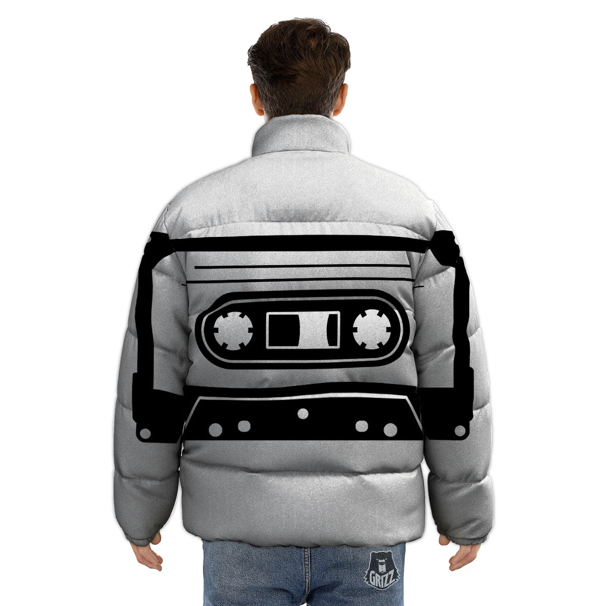 Cassette Tape White And Black Print Puffer Jacket-grizzshop