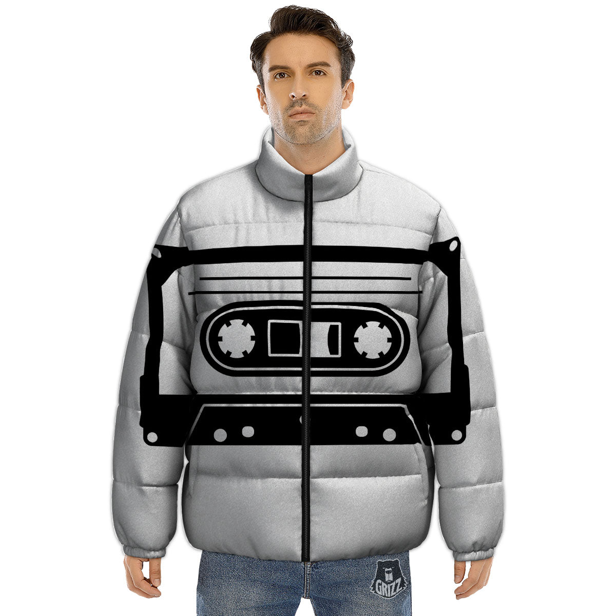Cassette Tape White And Black Print Puffer Jacket-grizzshop