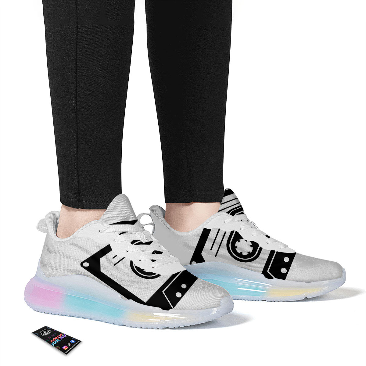 Cassette Tape White And Black Print Running Sneakers-grizzshop
