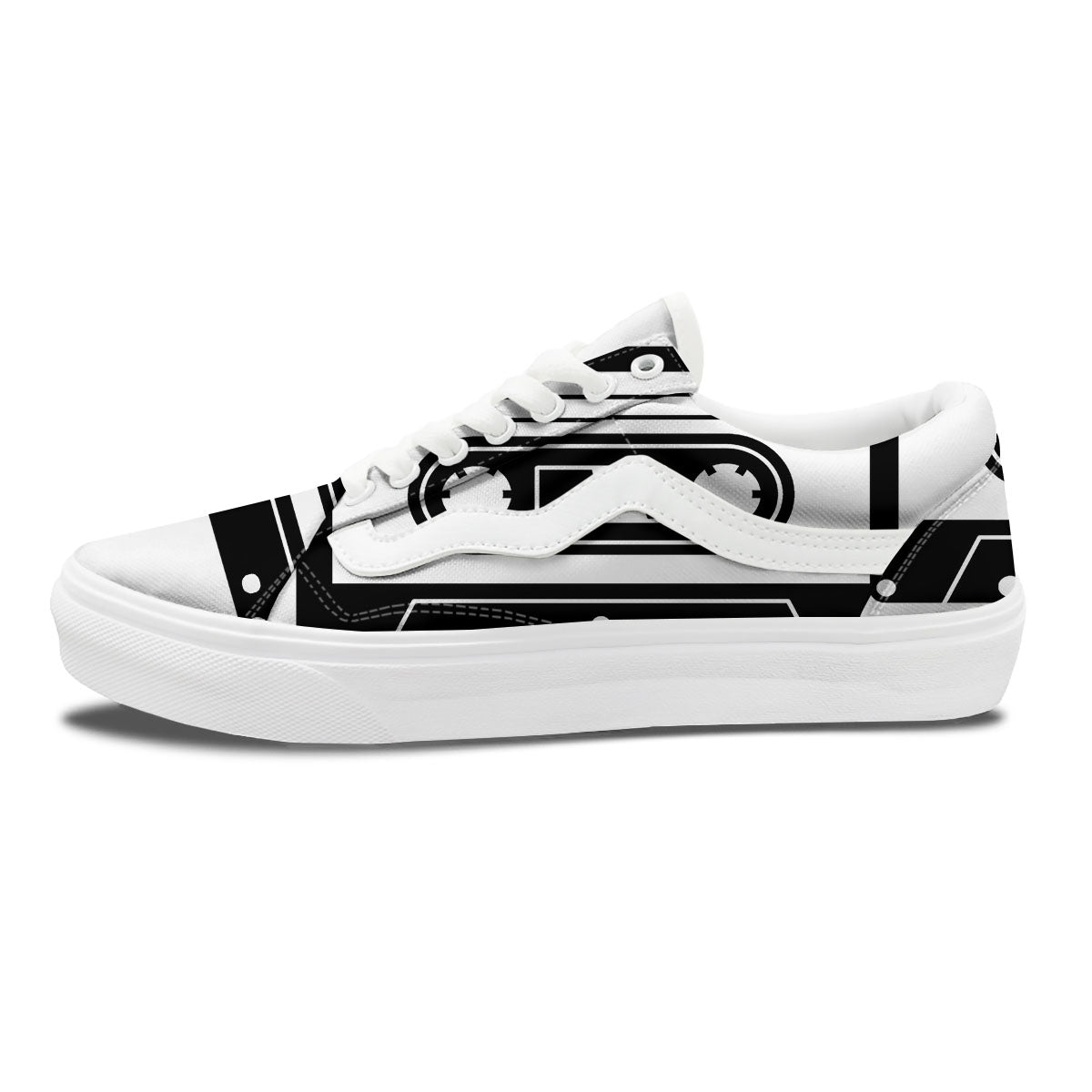 Cassette Tape White And Black Print Skate Shoes-grizzshop