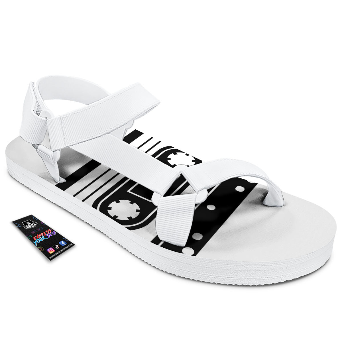 Cassette Tape White And Black Print White Open Toe Sandals-grizzshop