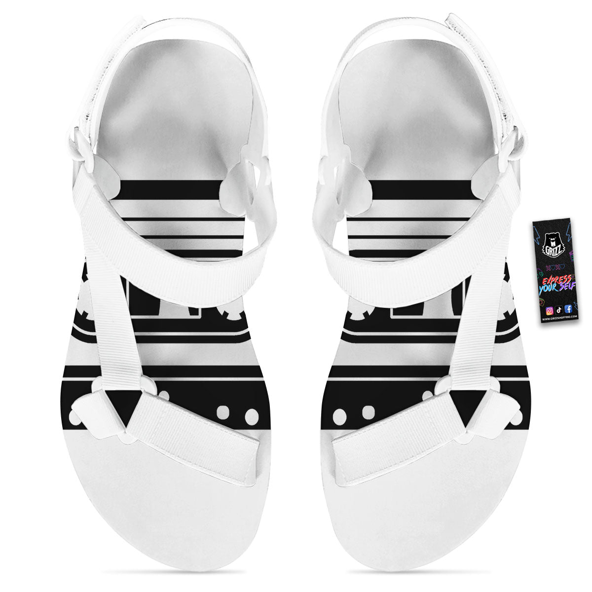 Cassette Tape White And Black Print White Open Toe Sandals-grizzshop