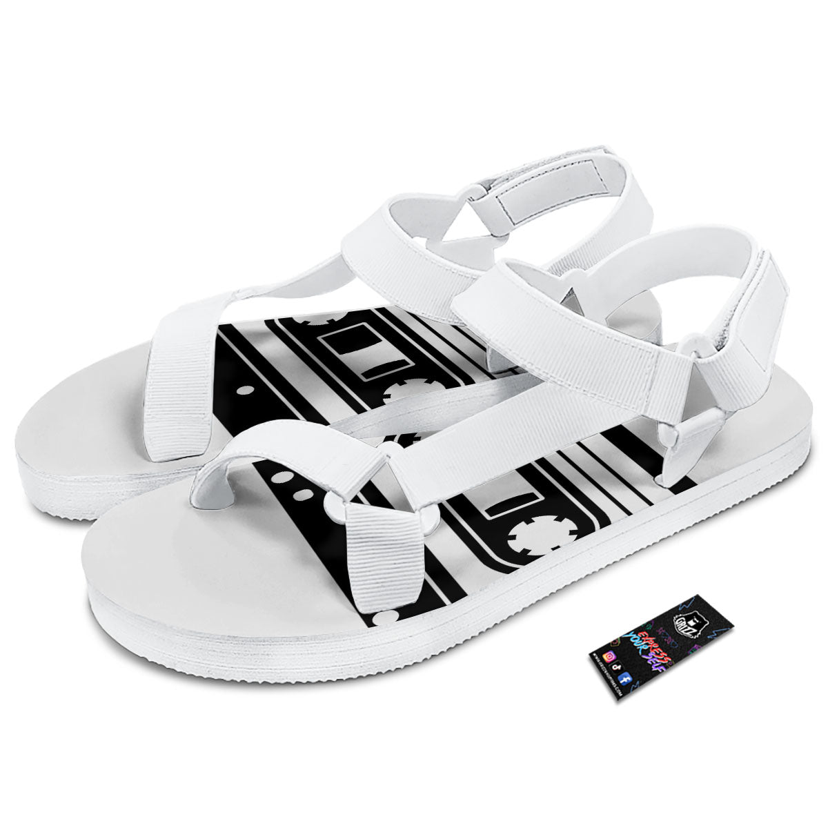 Cassette Tape White And Black Print White Open Toe Sandals-grizzshop