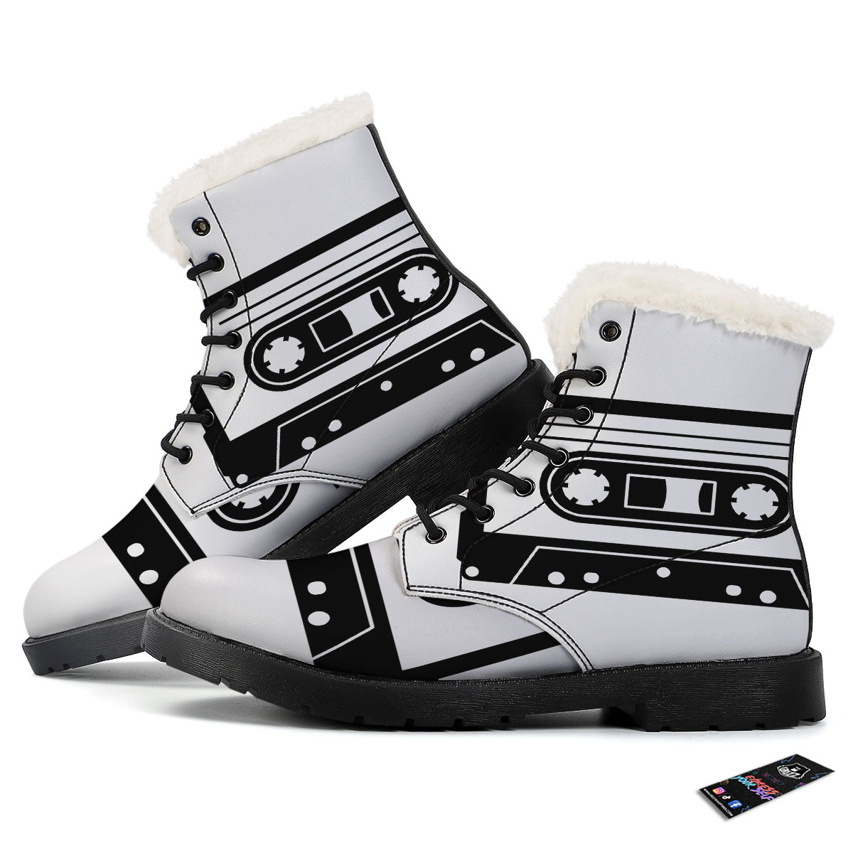 Cassette Tape White And Black Print Winter Boots-grizzshop