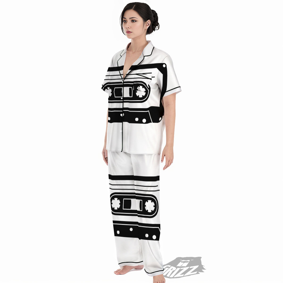 Cassette Tape White And Black Print Women's Pajamas Set-grizzshop