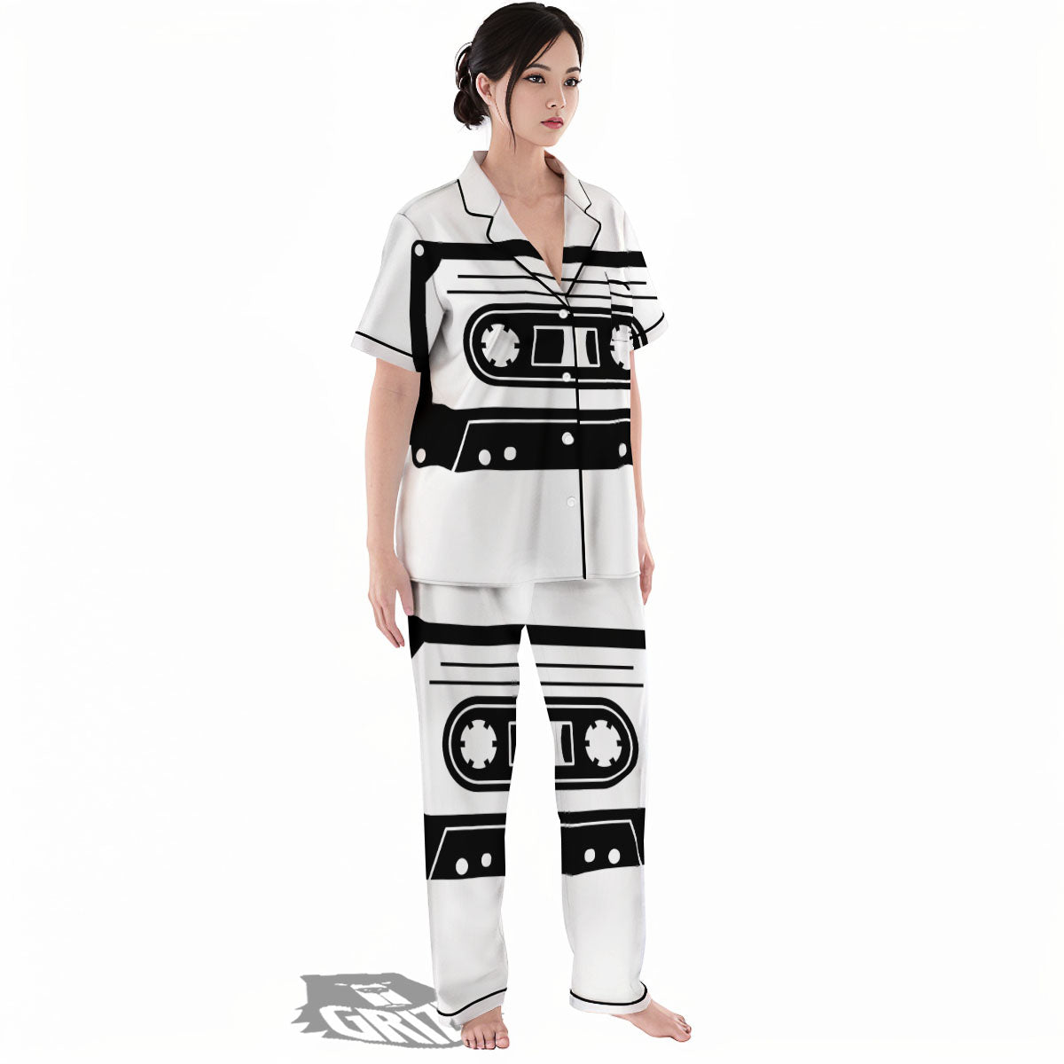 Cassette Tape White And Black Print Women's Pajamas Set-grizzshop
