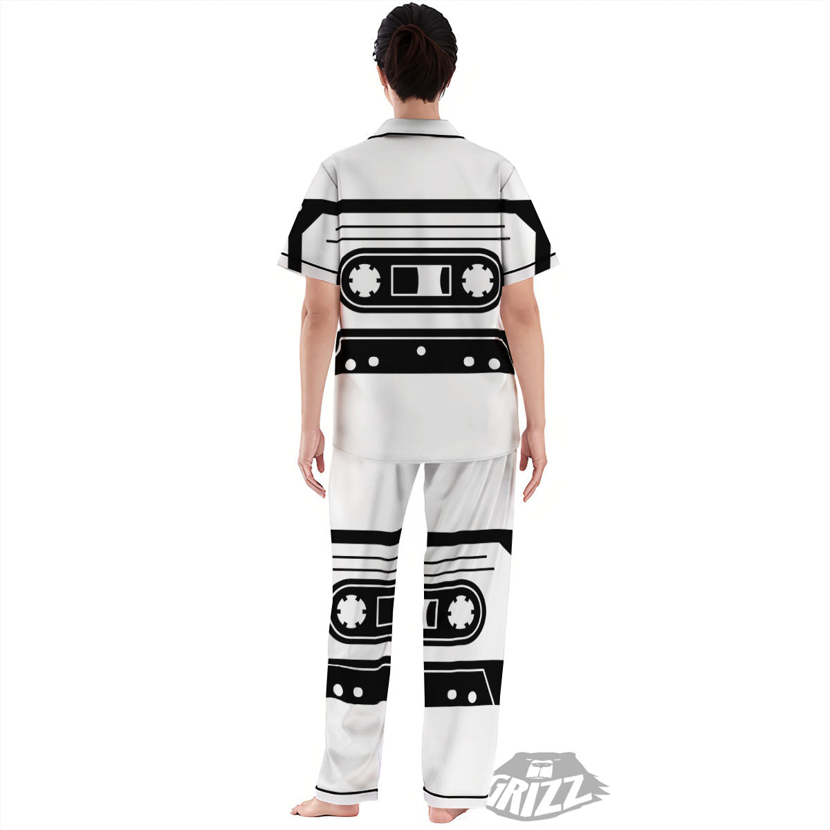 Cassette Tape White And Black Print Women's Pajamas Set-grizzshop