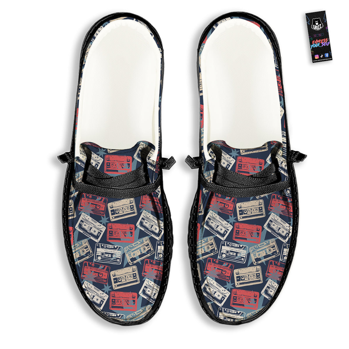 Cassette Vintage Print Pattern Black Loafers-grizzshop