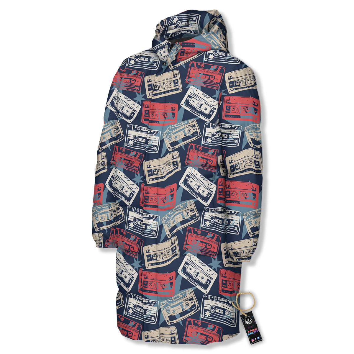 Cassette Vintage Print Pattern Long Down Jacket-grizzshop