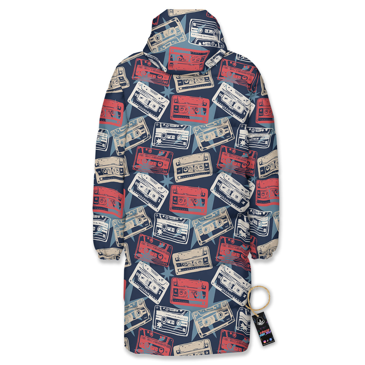 Cassette Vintage Print Pattern Long Down Jacket-grizzshop