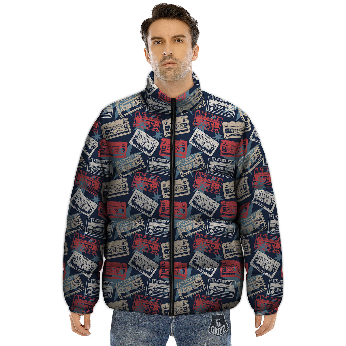 Cassette Vintage Print Pattern Puffer Jacket-grizzshop
