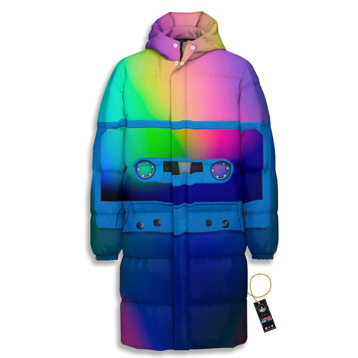 Cassette Tape Colorful Print Long Down Jacket