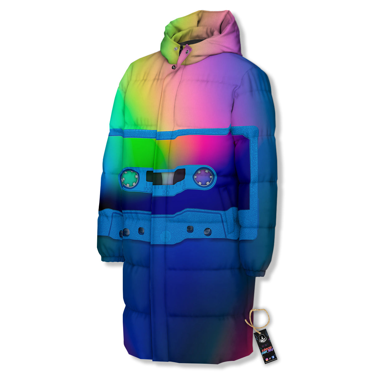 Cassette Tape Colorful Print Long Down Jacket