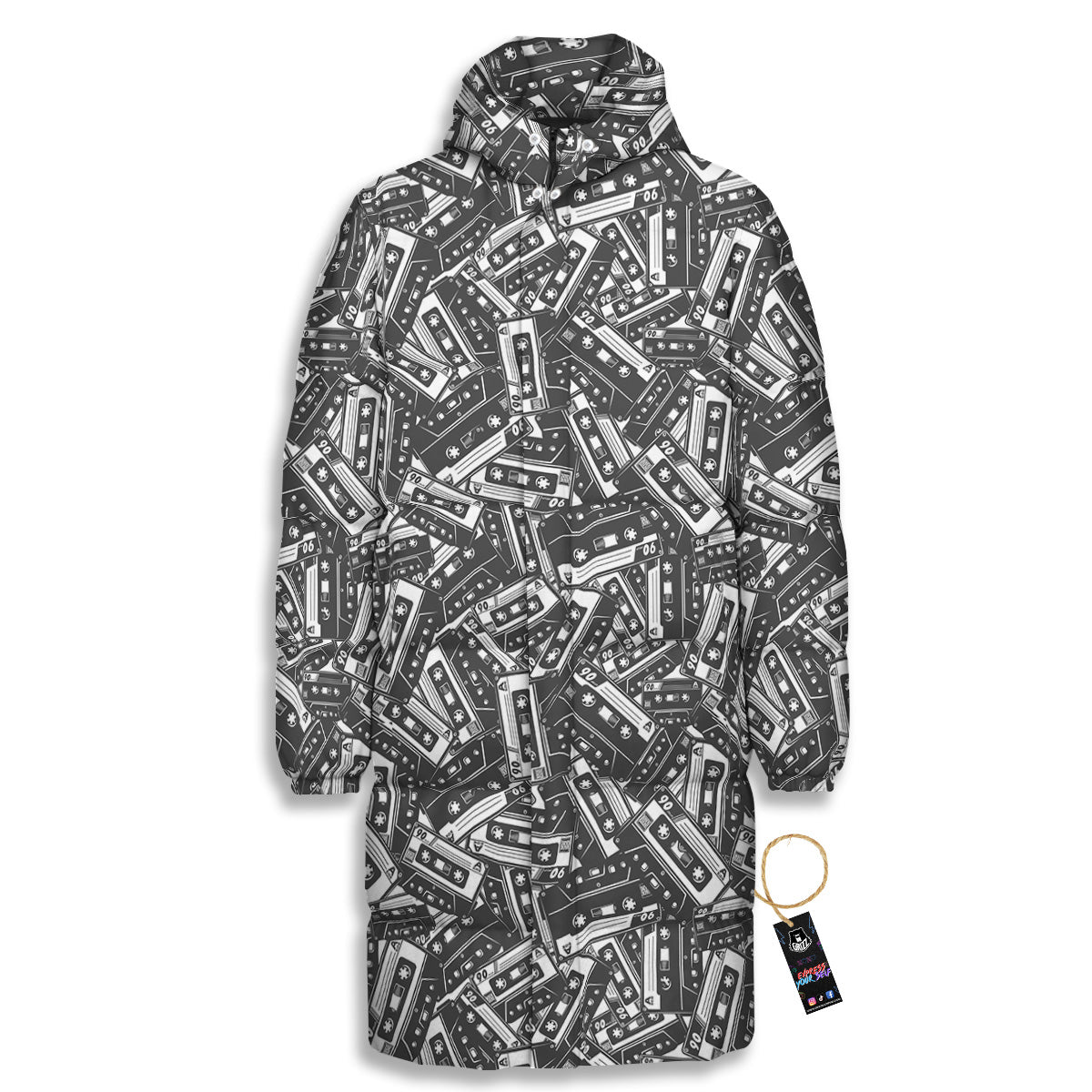 Cassette Tape Monochrome Print Pattern Long Down Jacket