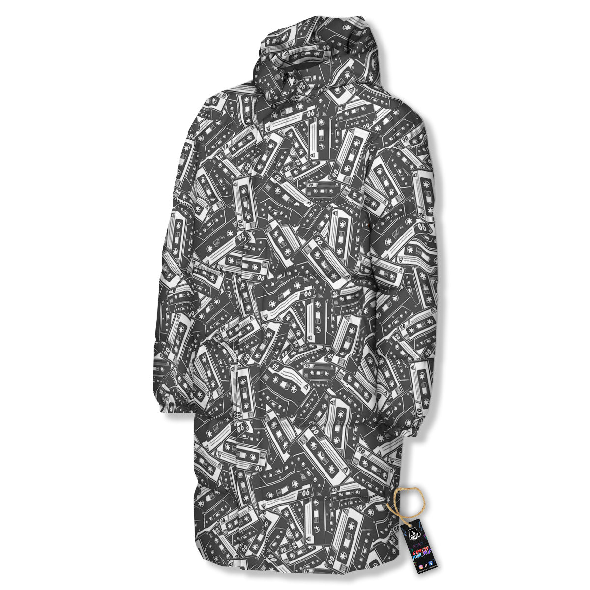 Cassette Tape Monochrome Print Pattern Long Down Jacket