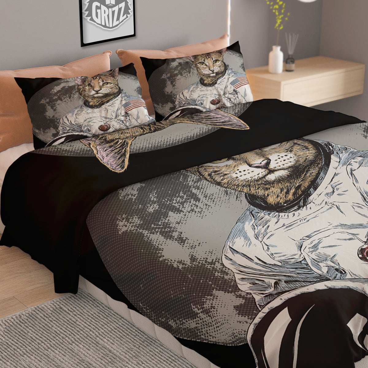 Cat American Astronaut On The Moon Print Duvet Cover Bedding Set