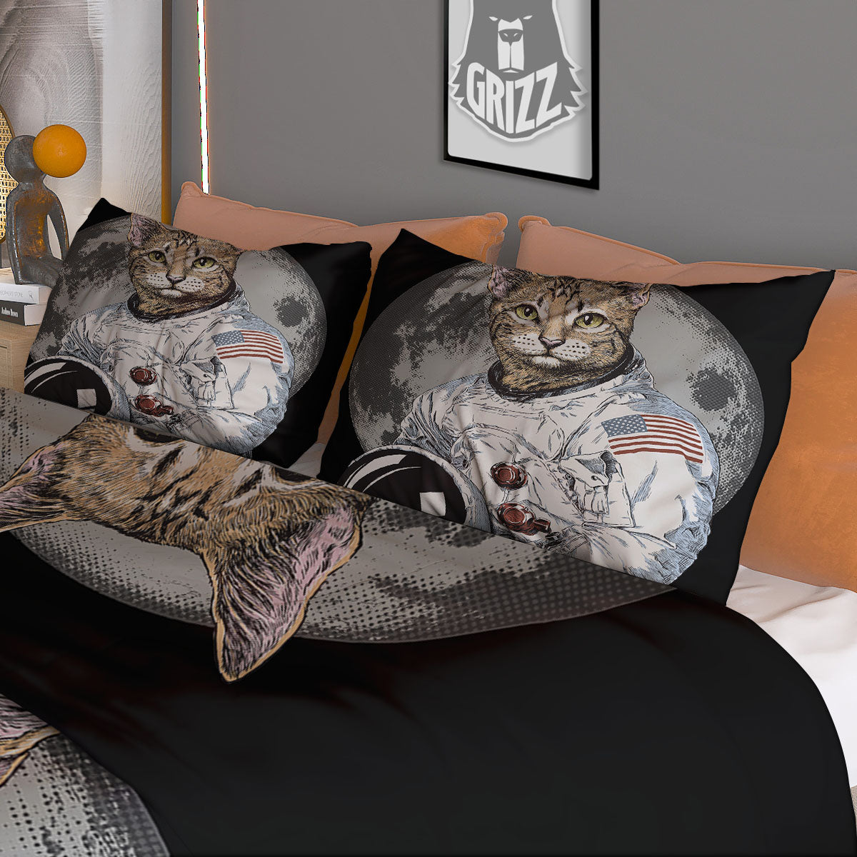 Cat American Astronaut On The Moon Print Duvet Cover Bedding Set