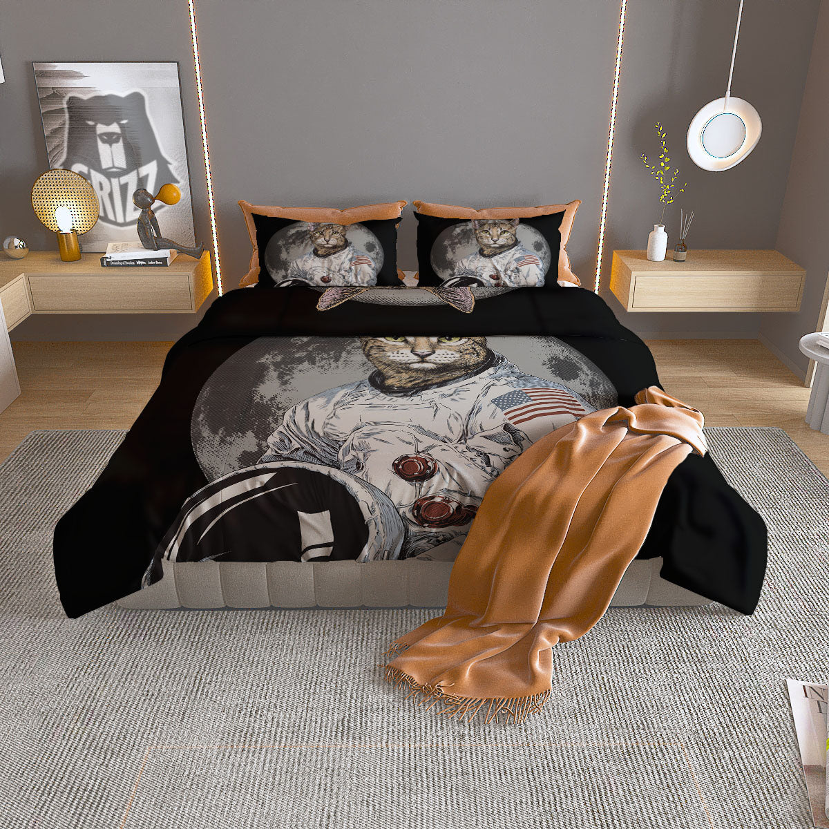 Cat American Astronaut On The Moon Print Duvet Cover Bedding Set