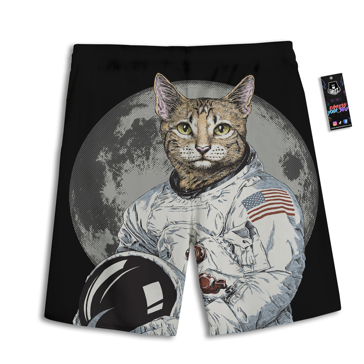 Cat American Astronaut On The Moon Print Men's Athletic Shorts