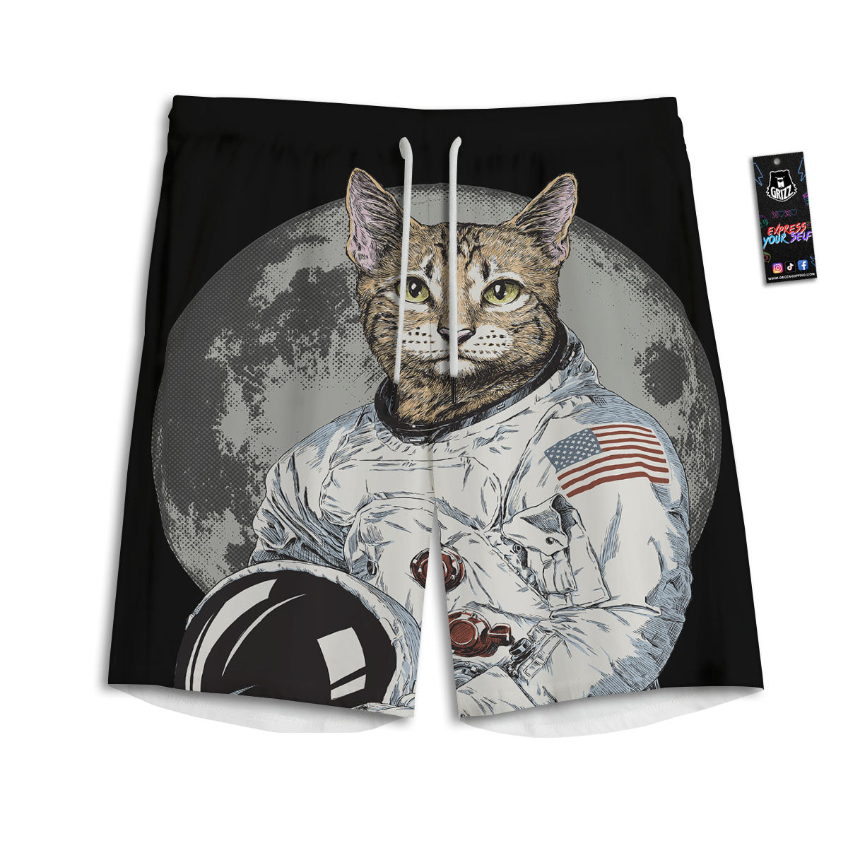 Cat American Astronaut On The Moon Print Men's Athletic Shorts