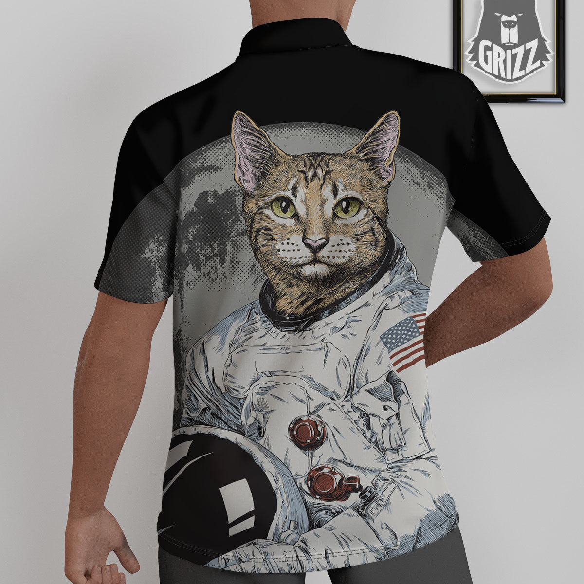 Cat American Astronaut On The Moon Print Untucked Shirts-grizzshop