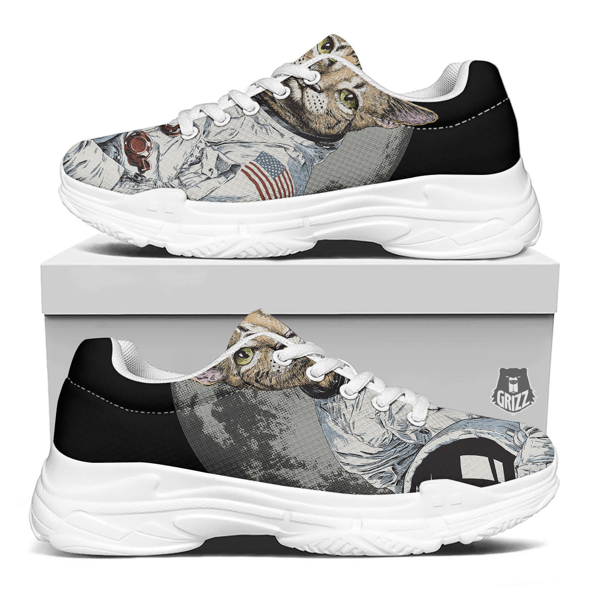 Cat American Astronaut On The Moon Print White Chunky Shoes-grizzshop