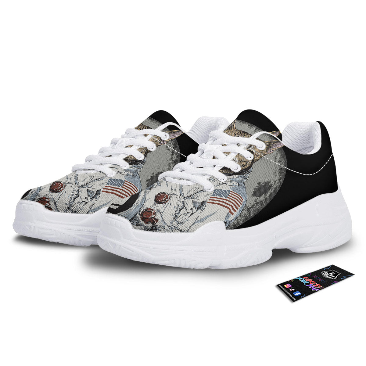 Cat American Astronaut On The Moon Print White Chunky Shoes-grizzshop