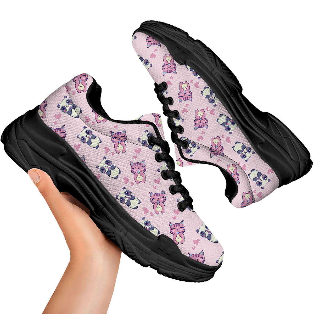 Cat And Panda Lover Print Pattern Black Chunky Shoes-grizzshop