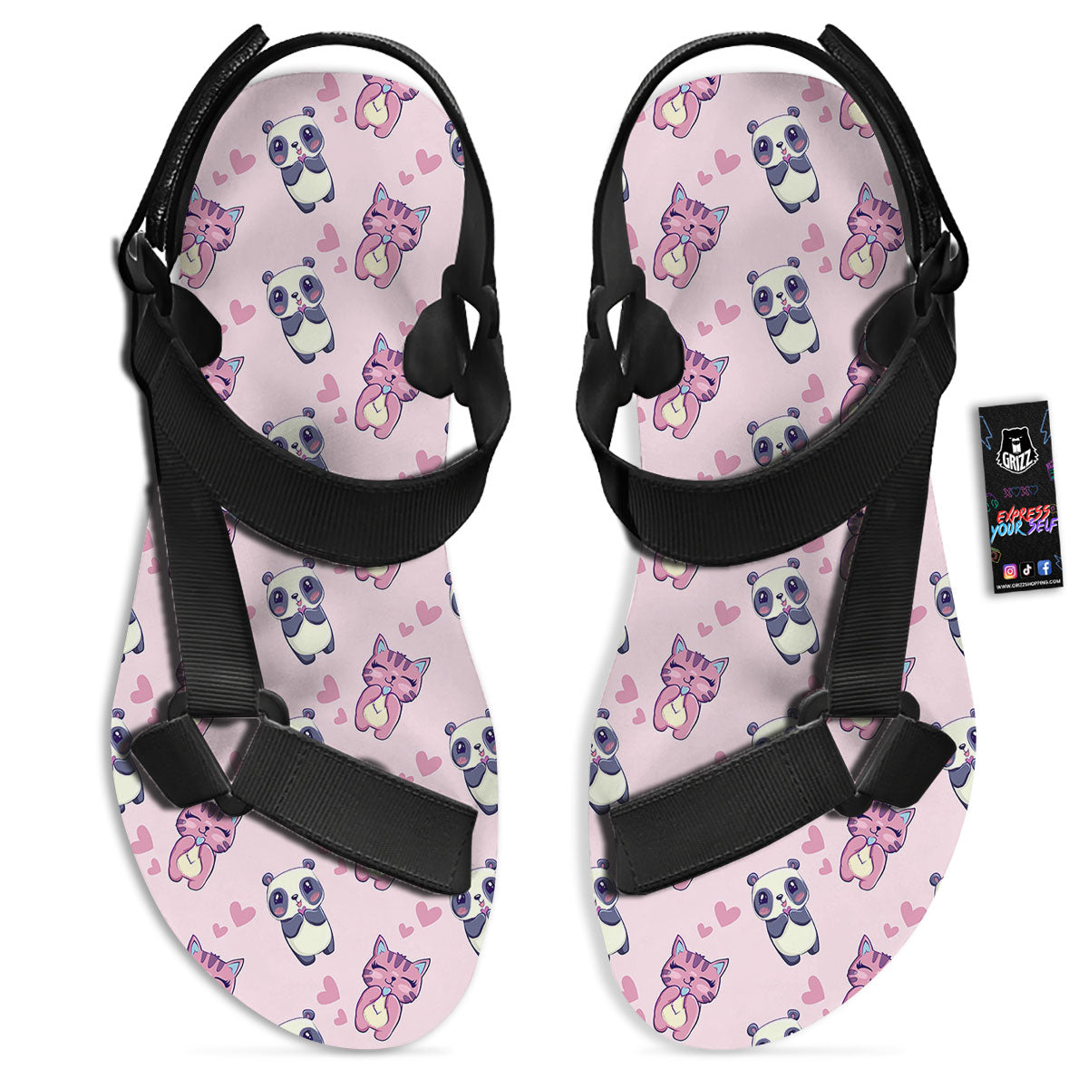 Cat And Panda Lover Print Pattern Black Open Toe Sandals-grizzshop