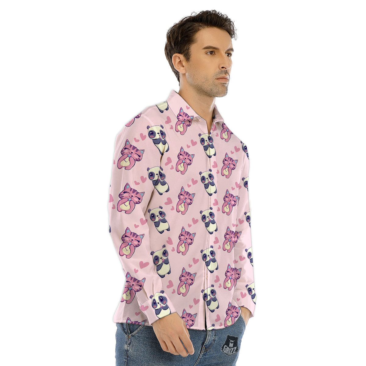 Cat And Panda Lover Print Pattern Men's Dress Shirts-grizzshop