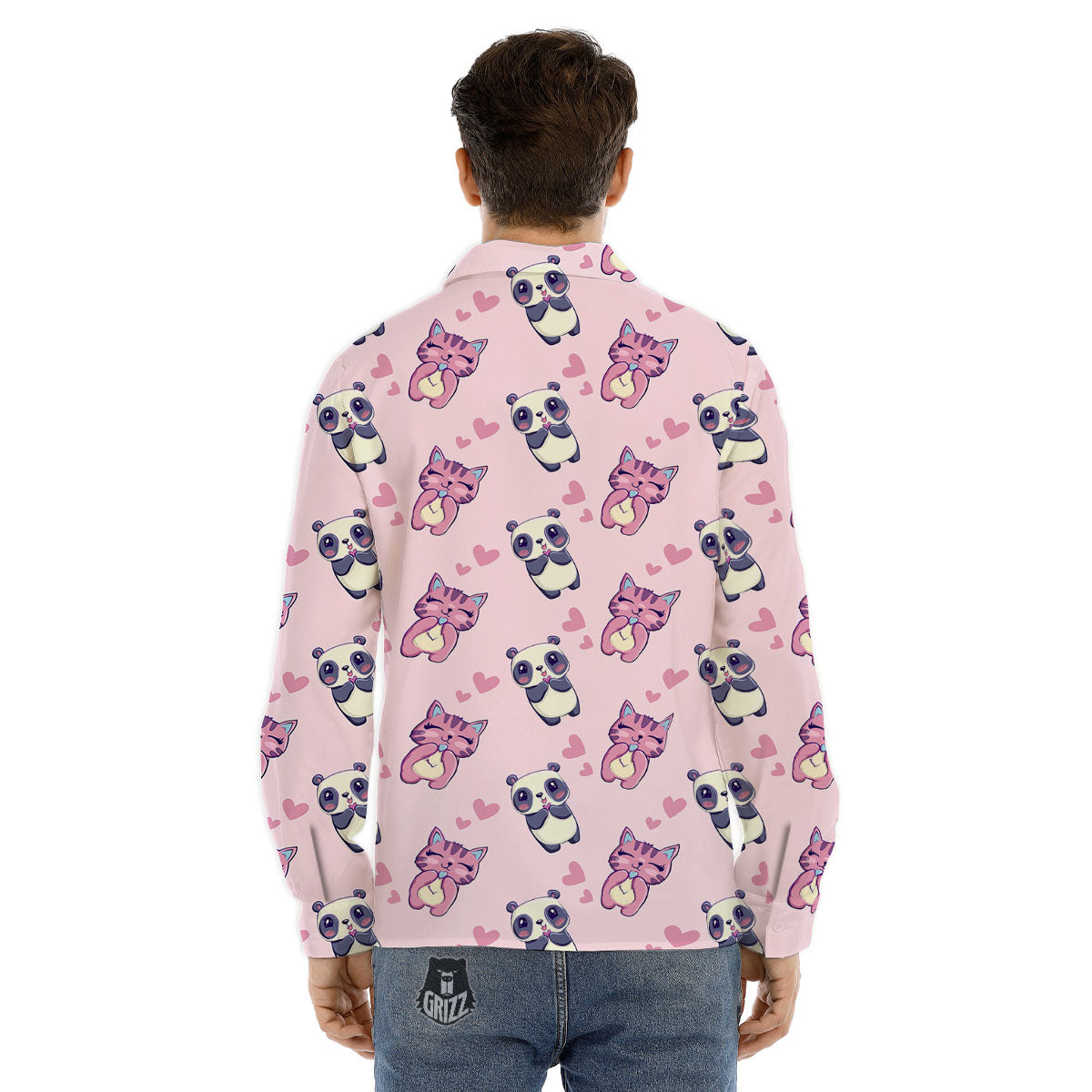 Cat And Panda Lover Print Pattern Men's Dress Shirts-grizzshop